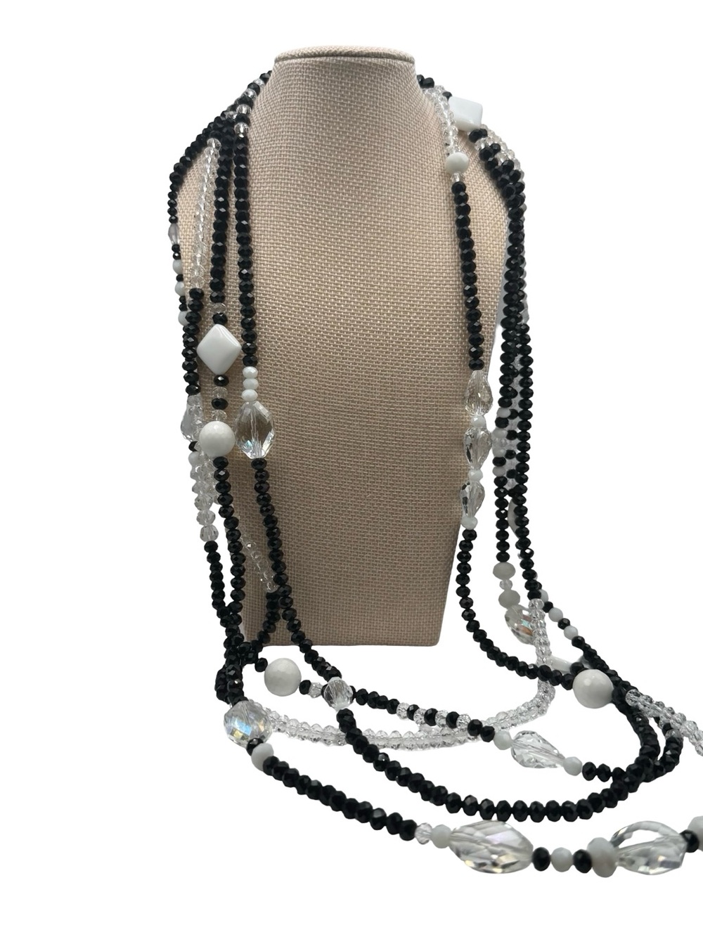 Multi-Strand Black and White Beaded Necklace - Elegant Women's Jewelry 32”